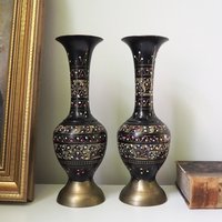 Set of two vintage vases | Brass vases | Matching vintage vases | Etched brass and black vases | Pastel vases
