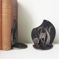Vintage bookends | Vintage cast iron bookends | Pair of black bookends | Vintage bookends moon