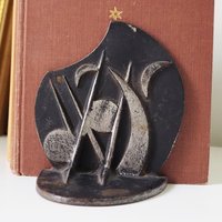Vintage bookends | Vintage cast iron bookends | Pair of black bookends | Vintage bookends moon