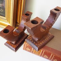 Set of two vintage wooden candlestick holders | Wooden candle holders | Rustic wooden candlestick holders