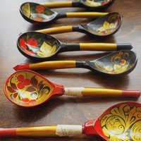 Vintage Khokhloma spoons | Vintage handpainted wooden spoons | Russian wooden spoons