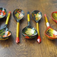 Vintage Khokhloma spoons | Vintage handpainted wooden spoons | Russian wooden spoons