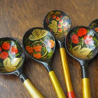 Vintage Khokhloma spoons | Vintage handpainted wooden spoons | Russian wooden spoons