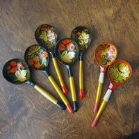 Vintage Khokhloma spoons | Vintage handpainted wooden spoons | Russian wooden spoons