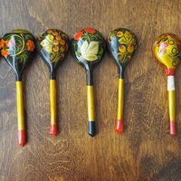 Vintage Khokhloma spoons | Vintage handpainted wooden spoons | Russian wooden spoons