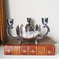 Vintage three arm candelabra | Footed lotus bowl candelabrum | Three arm candlestick holder | Vintage candelabrum | Leonard Silver plate