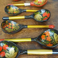 Vintage Khokhloma spoons | Vintage handpainted wooden spoons | Russian wooden spoons