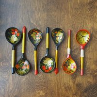Vintage Khokhloma spoons | Vintage handpainted wooden spoons | Russian wooden spoons
