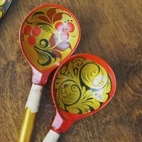 Vintage Khokhloma spoons | Vintage handpainted wooden spoons | Russian wooden spoons