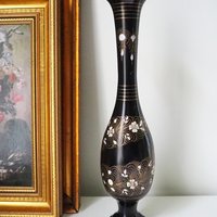 Vintage brass vase | Black brass vase | Etched floral brass vase black | Tall brass and black vase