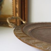 Vintage brass tray | Small brass tray with handles | Etched brass tray | Footed brass tray | Brass serving tray