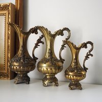 Set of three vintage vases | Brass tone pitchers | Italian brass tone vases | Made in Italy | Vintage pitchers