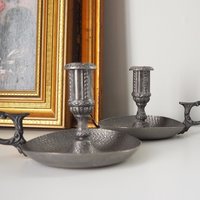 Set of two vintage candlestick holders | Norsk Tinn pewter candlestick holders | Norwegian chamber style candle holders