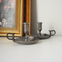 Set of two vintage candlestick holders | Norsk Tinn pewter candlestick holders | Norwegian chamber style candle holders