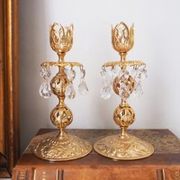 Vintage candlestick holder pair | Gold plated crystal candlestick holders | Ornate candlestick holders | Crystal candlestick holders