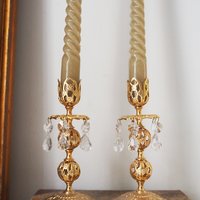 Vintage candlestick holder pair | Gold plated crystal candlestick holders | Ornate candlestick holders | Crystal candlestick holders