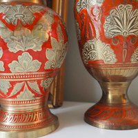 Vintage brass vase | Large enamelled brass vase | Vintage brass vases | Tall brass vase | Vintage vase | Brass and red vase