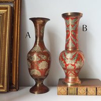 Vintage brass vase | Large enamelled brass vase | Vintage brass vases | Tall brass vase | Vintage vase | Brass and red vase