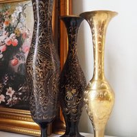 Vintage brass vase | Etched brass vases | Vintage bud vase | Vintage single flower vases | Black and brass vases