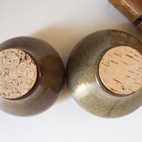 Set of two vintage ceramic jars | Glazed ceramic jars with cork lids | Brown stoneware jars | Vintage spice jars | Mismatched ceramic jars