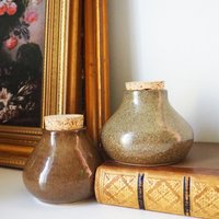 Set of two vintage ceramic jars | Glazed ceramic jars with cork lids | Brown stoneware jars | Vintage spice jars | Mismatched ceramic jars