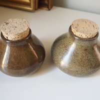 Set of two vintage ceramic jars | Glazed ceramic jars with cork lids | Brown stoneware jars | Vintage spice jars | Mismatched ceramic jars