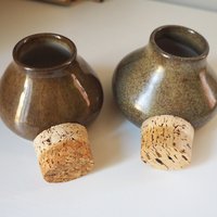 Set of two vintage ceramic jars | Glazed ceramic jars with cork lids | Brown stoneware jars | Vintage spice jars | Mismatched ceramic jars