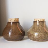 Set of two vintage ceramic jars | Glazed ceramic jars with cork lids | Brown stoneware jars | Vintage spice jars | Mismatched ceramic jars