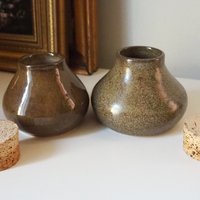 Set of two vintage ceramic jars | Glazed ceramic jars with cork lids | Brown stoneware jars | Vintage spice jars | Mismatched ceramic jars