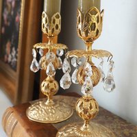 Vintage candlestick holder pair | Gold plated crystal candlestick holders | Ornate candlestick holders | Crystal candlestick holders
