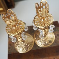 Vintage candlestick holder pair | Gold plated crystal candlestick holders | Ornate candlestick holders | Crystal candlestick holders