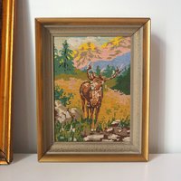 Vintage needlepoint wall art | Deer needlepoint | Scandinavian wall art | Needlepoint wall hanging | Scenery wall art
