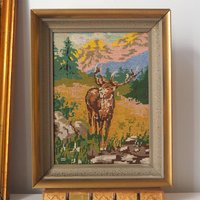 Vintage needlepoint wall art | Deer needlepoint | Scandinavian wall art | Needlepoint wall hanging | Scenery wall art