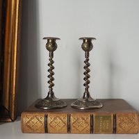 Set of two vintage candlestick holders | Twisted candle holders | Small candlestick holders | Vintage candle holder pair | Made in England