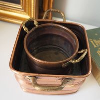 Set of two vintage copper planters | Mismatched copper planters | Round and rectangular copper planters | Vintage planters with handles