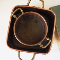 Set of two vintage copper planters | Mismatched copper planters | Round and rectangular copper planters | Vintage planters with handles