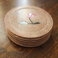 Vintage coasters | Set of six stone coasters with mother of pearl inlays | Vintage stone coaster set | Floral coasters | Marble coasters