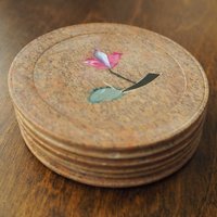 Vintage coasters | Set of six stone coasters with mother of pearl inlays | Vintage stone coaster set | Floral coasters | Marble coasters
