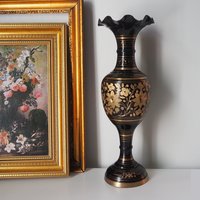 Vintage brass vase | Large vintage vase | Black brass vase | Etched floral brass vase black
