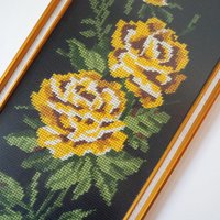 vintage needlepoint wall art with yellow roses