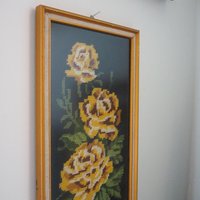 vintage needlepoint wall art with yellow roses