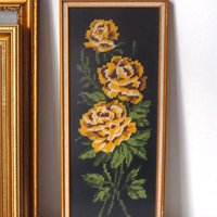 vintage needlepoint wall art with yellow roses