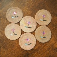 Vintage coasters | Set of six stone coasters with mother of pearl inlays | Vintage stone coaster set | Floral coasters | Marble coasters