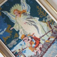 Vintage needlepoint wall art | Guardian angel needlepoint | Scandinavian wall art | Needlepoint wall hanging | Wool needlepoint