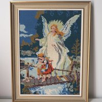 Vintage needlepoint wall art | Guardian angel needlepoint | Scandinavian wall art | Needlepoint wall hanging | Wool needlepoint