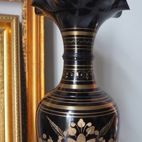 Vintage brass vase | Large vintage vase | Black brass vase | Etched floral brass vase black