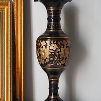 Vintage brass vase | Large vintage vase | Black brass vase | Etched floral brass vase black