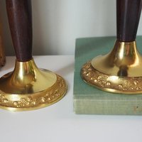 Set of two vintage candlestick holders | Gold plated candle holders | Vintage gold and wood candle holders | Made in England