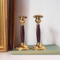Set of two vintage candlestick holders | Gold plated candle holders | Vintage gold and wood candle holders | Made in England