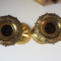 Set of two vintage candlestick holders | Gold plated candle holders | Vintage gold and wood candle holders | Made in England